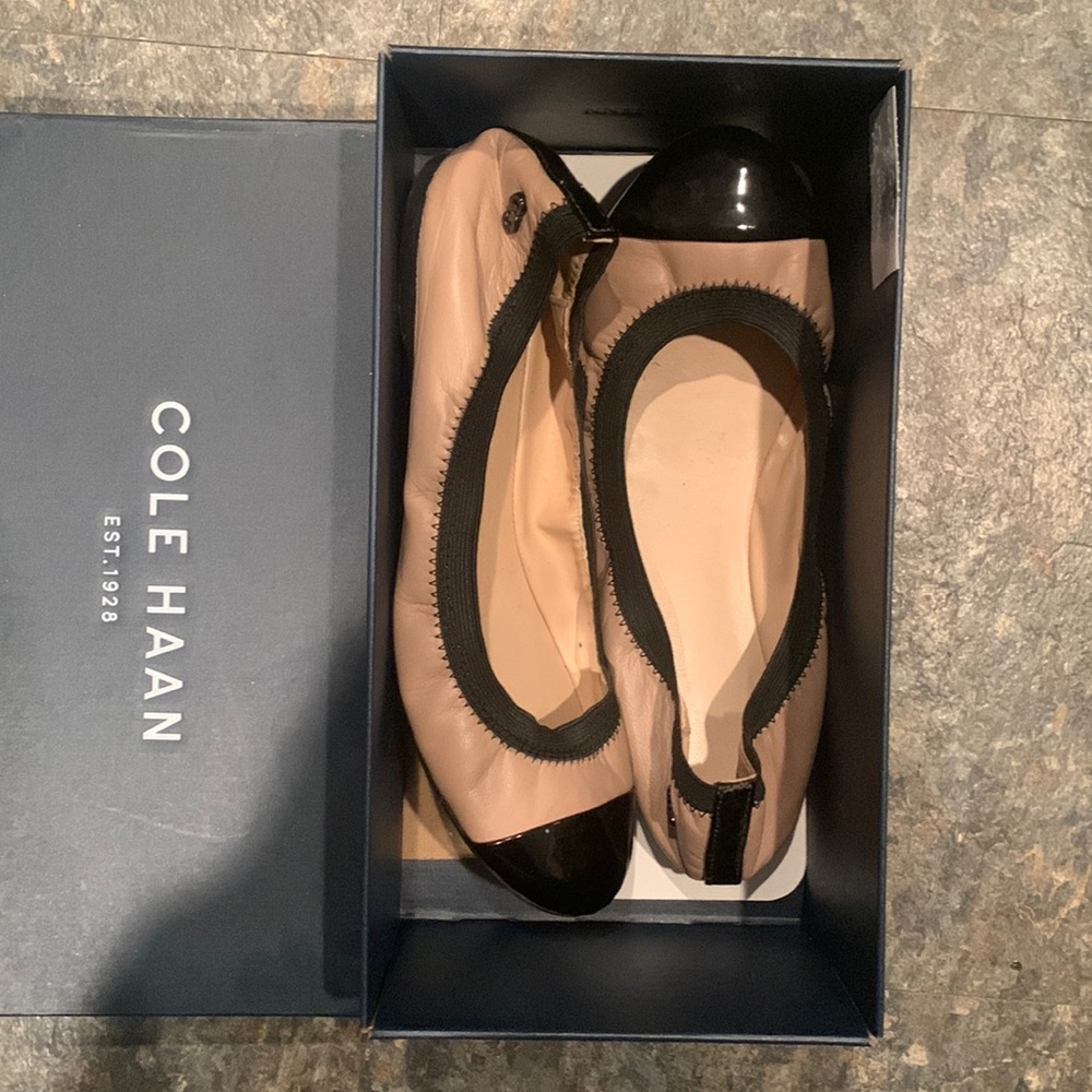 Cute pink neutral and black flats that are Cole Haan